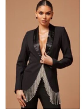 Fashion Nova Black Blazer with Satin Lapel and Crystal Fringe